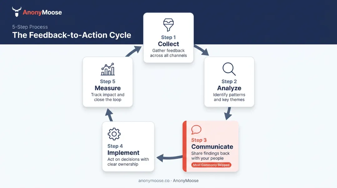 Five-step employee feedback to action closed-loop cycle process infographic