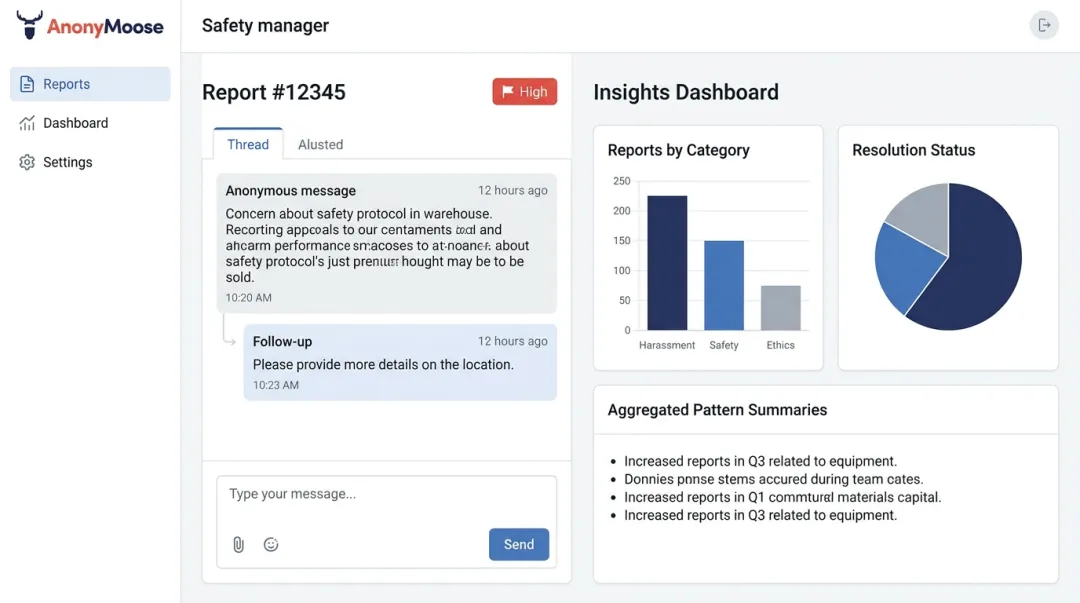 AnonyMoose safety manager dashboard showing anonymous report threads and AI pattern insights