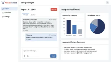 AnonyMoose safety manager dashboard showing anonymous report threads and AI pattern insights