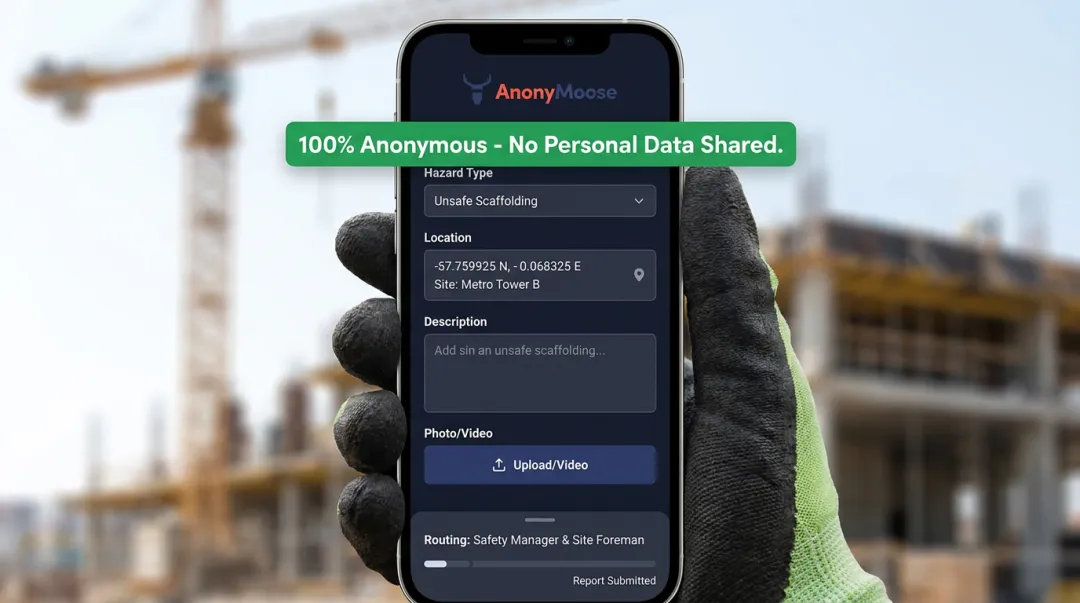 AnonyMoose anonymous hazard reporting mobile app interface on construction site