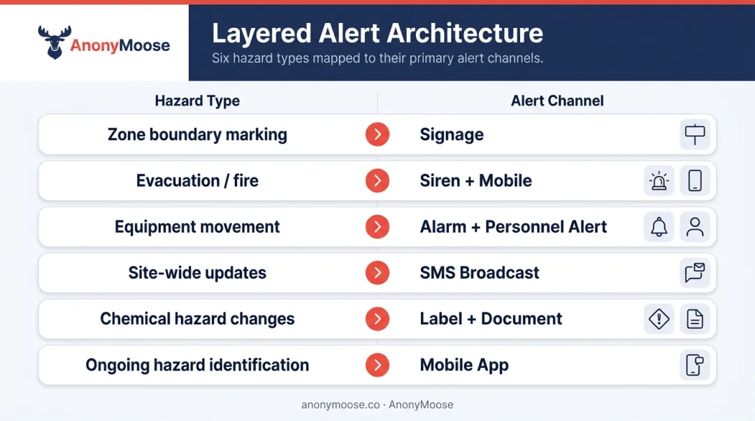 Construction site hazard types mapped to OSHA-compliant alert channels layered architecture