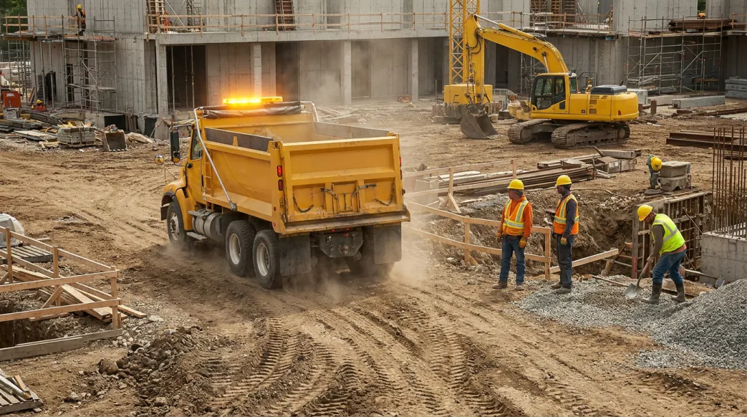 Heavy construction equipment with backup alarm operating on active jobsite