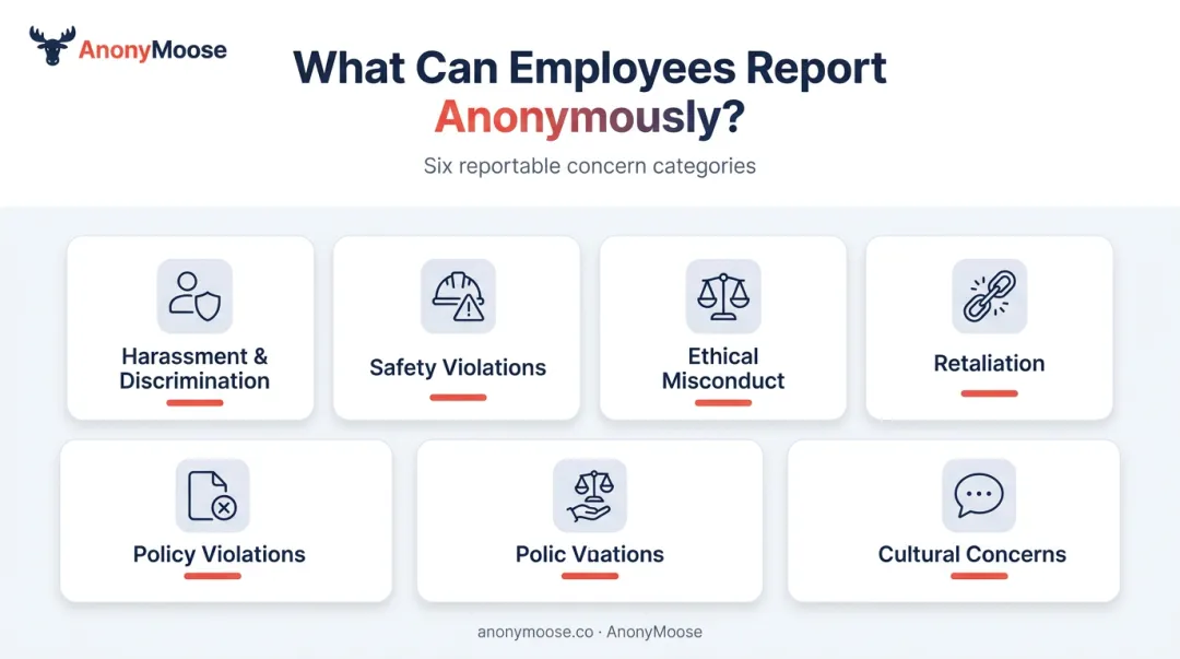Six categories of anonymous workplace reporting issues employees can submit