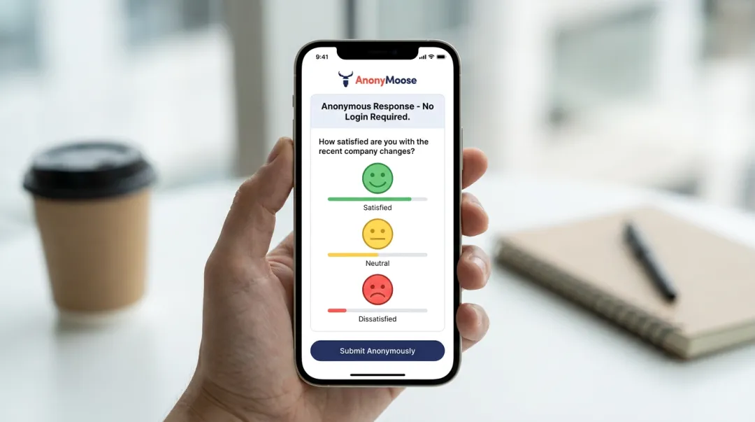 AnonyMoose Polls and Surveys mobile interface showing anonymous employee survey on phone