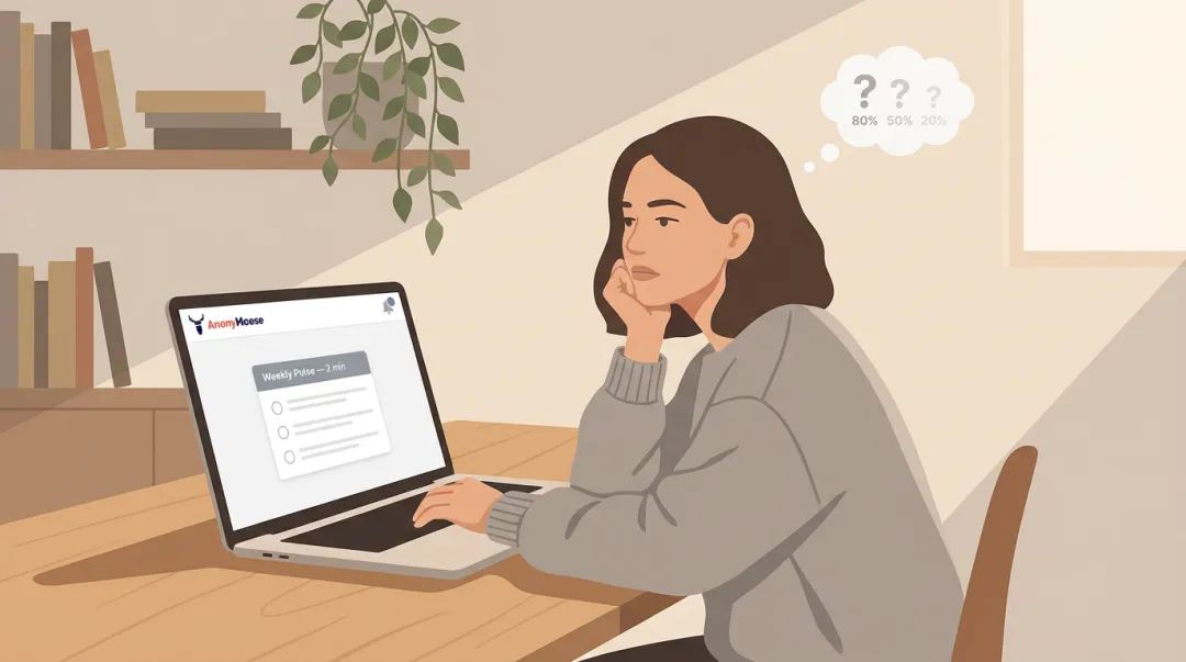 Remote employee feeling disengaged at laptop after unanswered survey feedback ignored by management