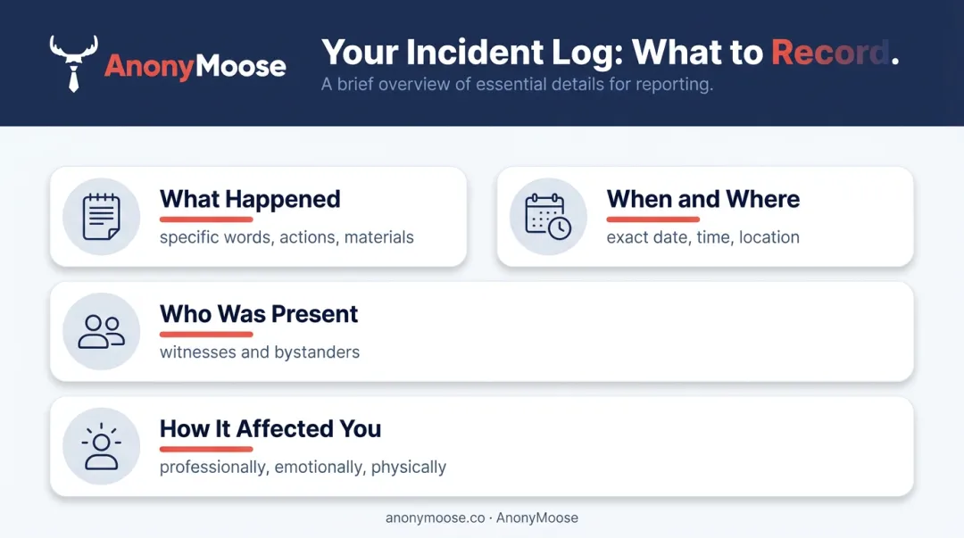 Four-part workplace harassment incident documentation log checklist infographic