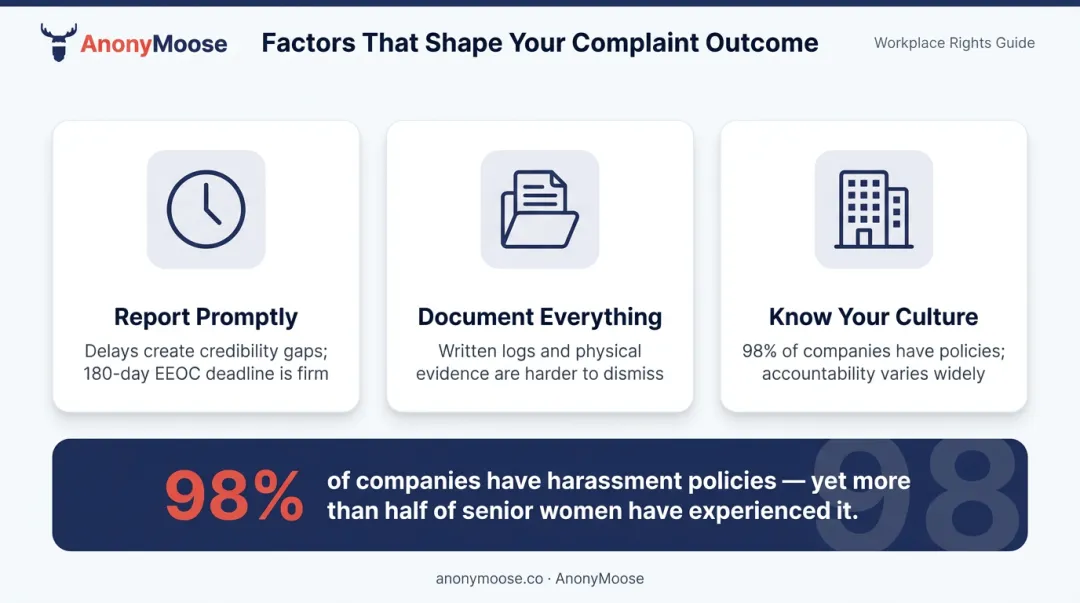 Three key factors that determine workplace harassment complaint outcomes infographic