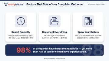 Three key factors that determine workplace harassment complaint outcomes infographic
