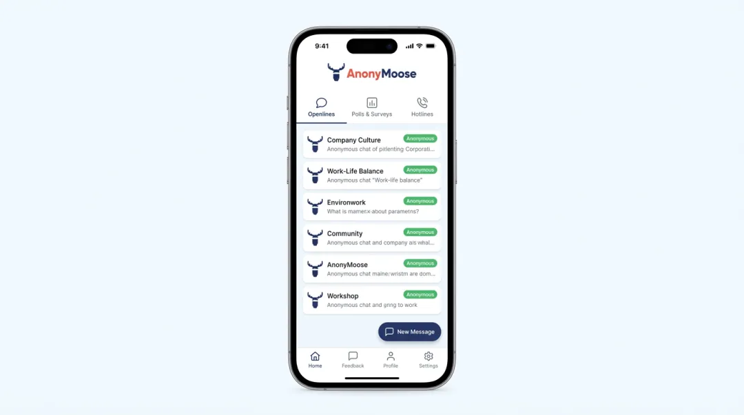 AnonyMoose mobile app feedback tools showing Openlines Polls and Hotlines features