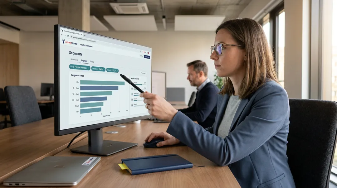HR professional reviewing multi-dimensional employee segmentation data on desktop dashboard