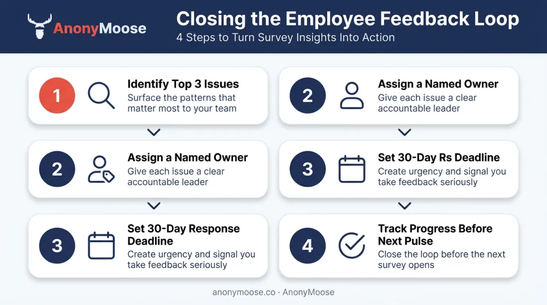 4-step post-survey action process from identifying issues to tracking progress