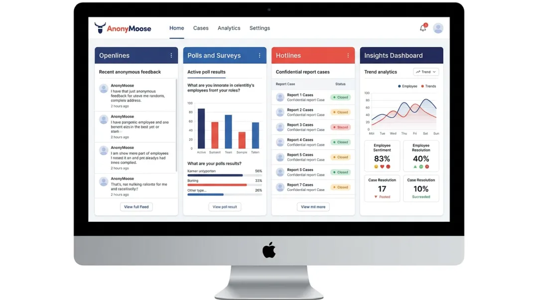 AnonyMoose platform dashboard displaying four anonymous employee feedback channel types