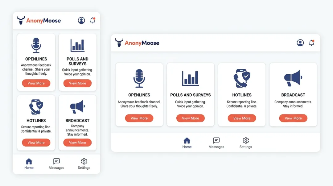 AnonyMoose anonymous feedback platform showing four active listening channel features