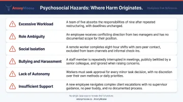 Six key psychosocial workplace hazard categories with definitions and real-world examples