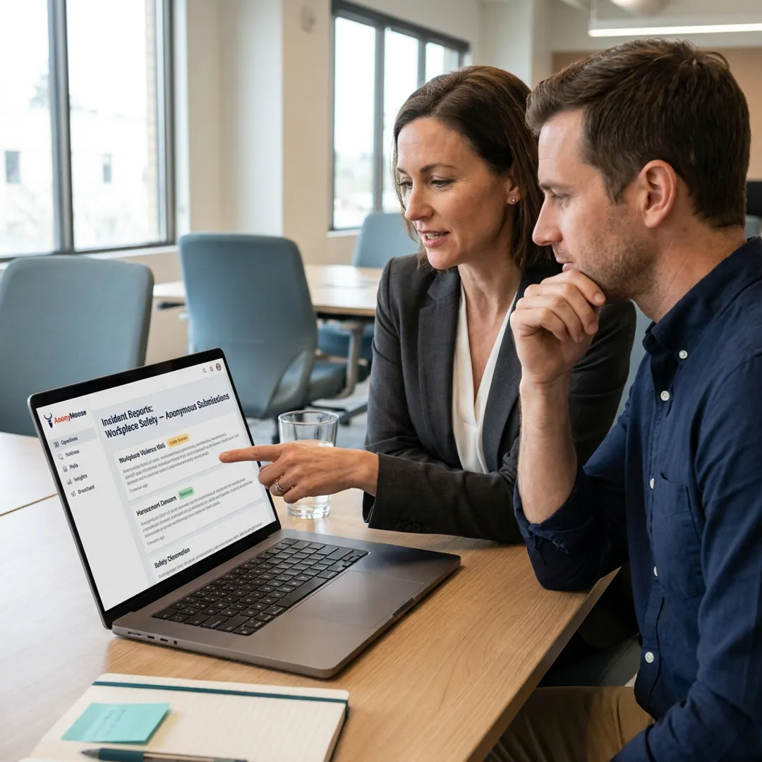 HR team reviewing anonymous workplace safety reports