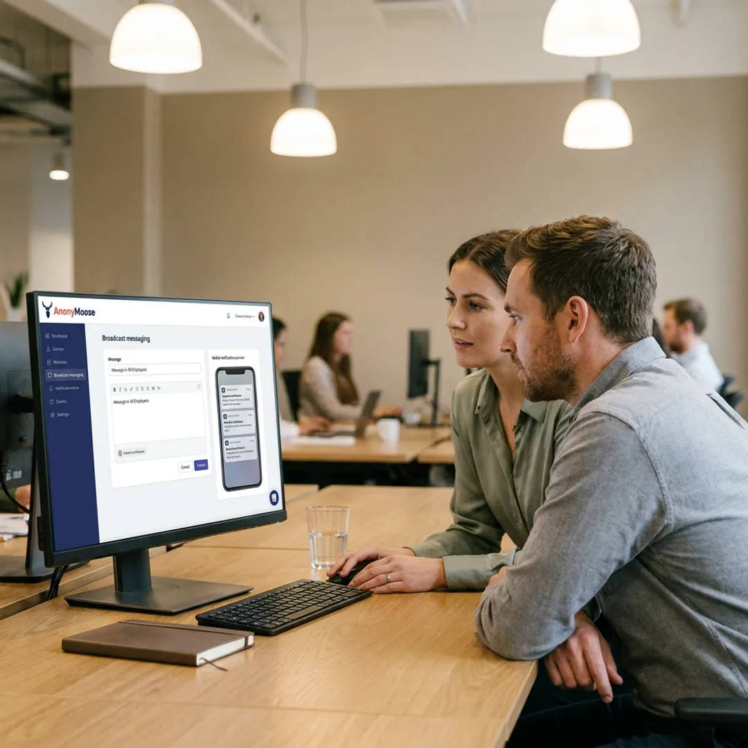 HR team reviewing employee broadcast message workflow