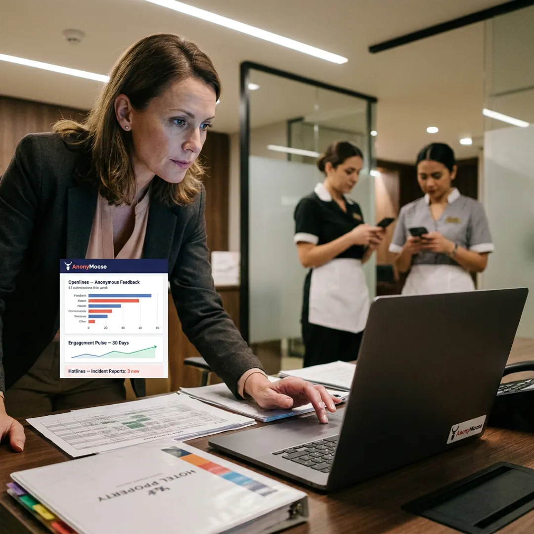 Hospitality HR team reviewing employee feedback dashboard
