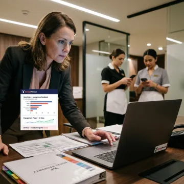 Hospitality HR team reviewing employee feedback dashboard