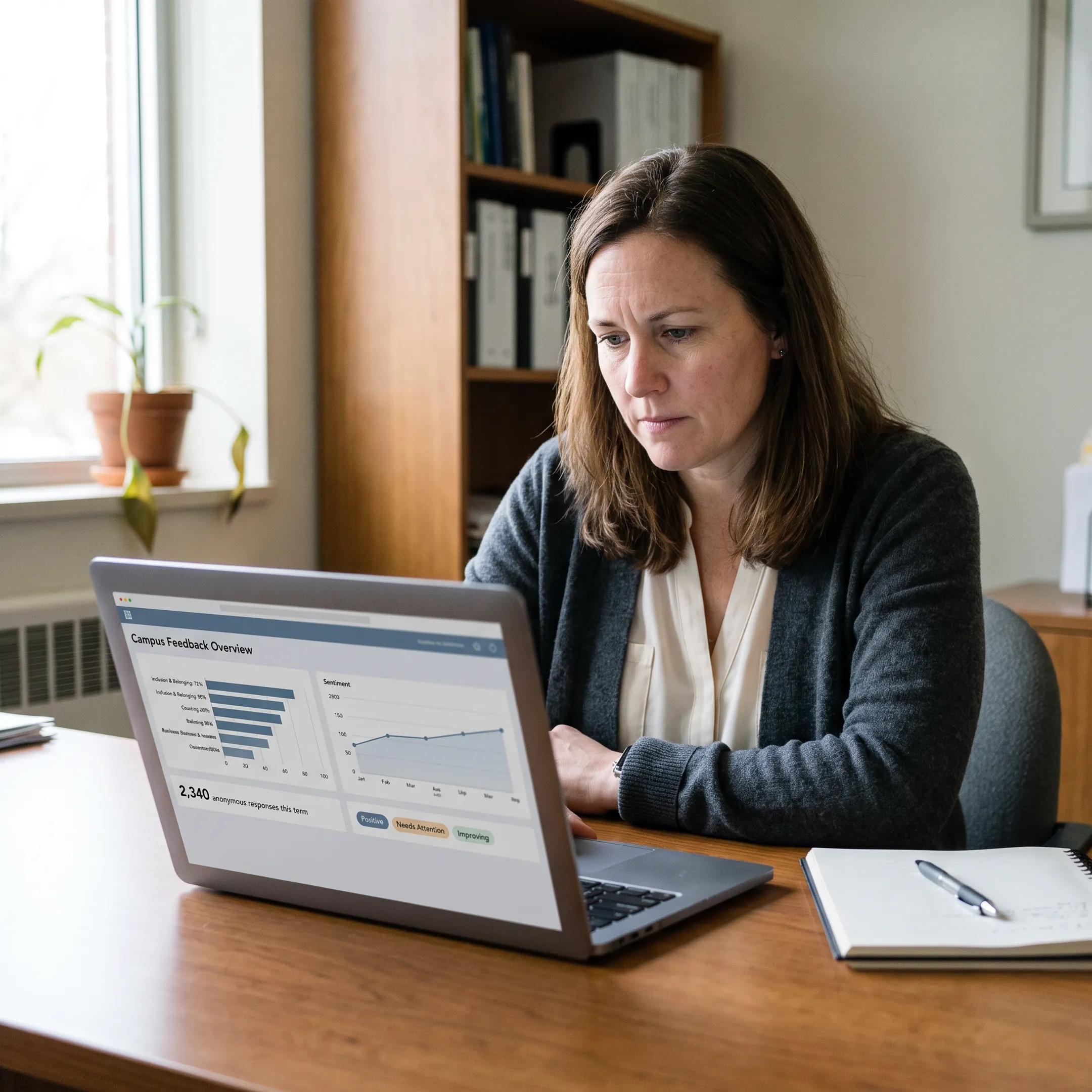 Higher-education administrator reviewing anonymous student feedback analytics