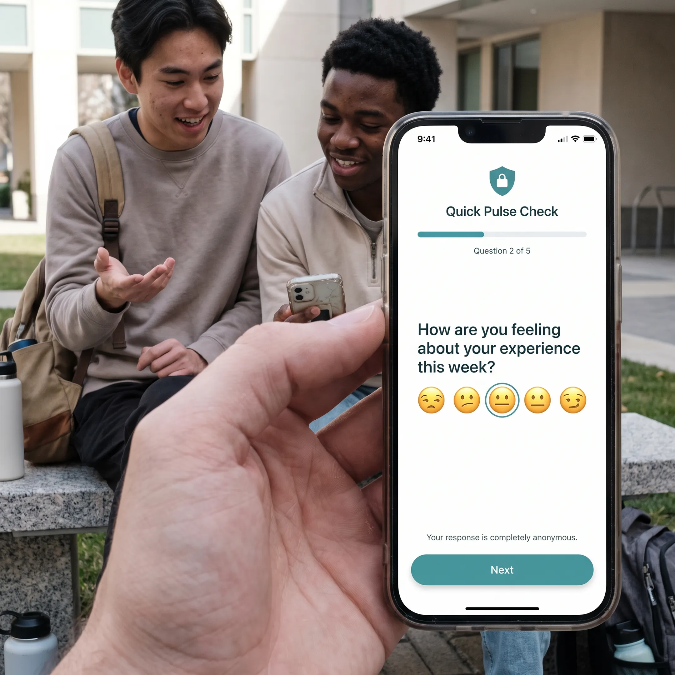 University students using mobile devices to provide anonymous feedback on campus