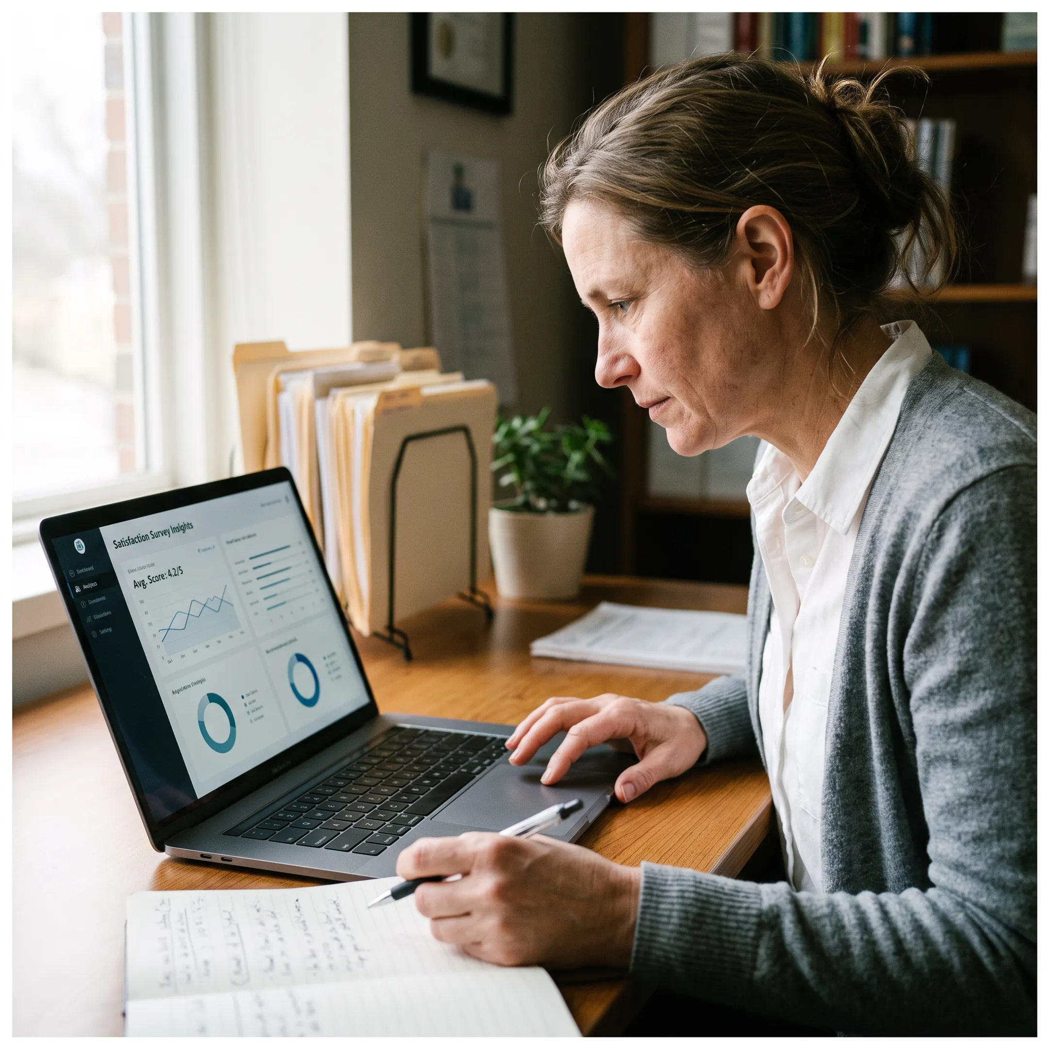 Administrator reviewing anonymous student survey results on a dashboard