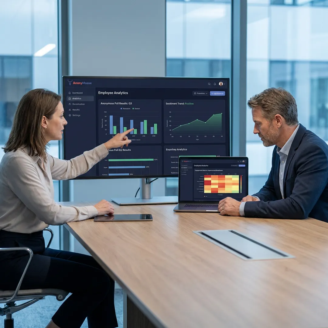 Team reviewing anonymous employee poll results dashboard