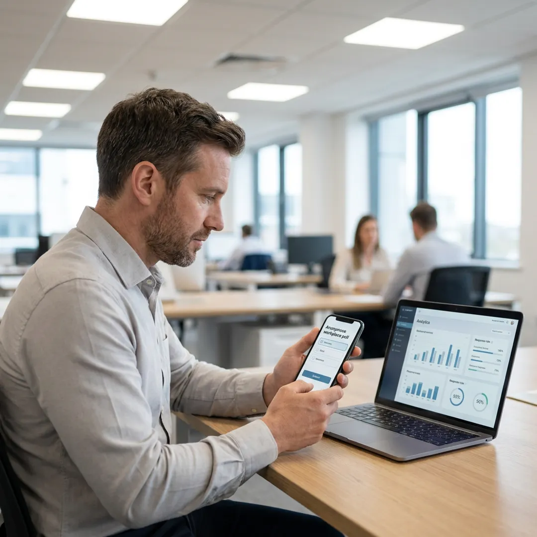 Employee responding to an anonymous workplace poll on a mobile app