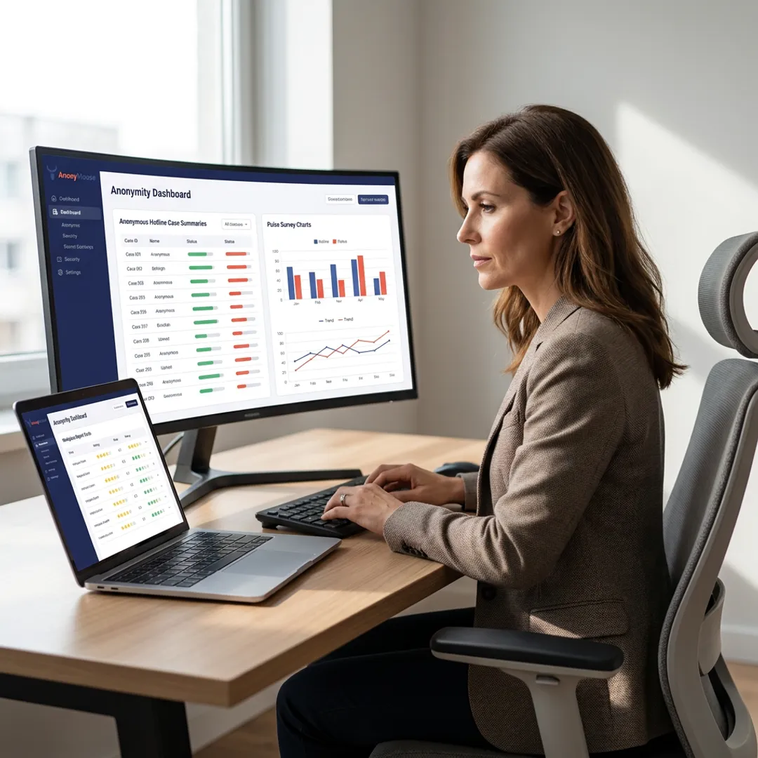 HR manager reviewing anonymous workplace cases and analytics