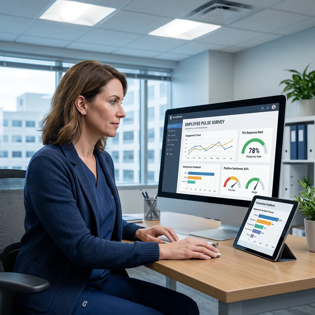 Healthcare administrator reviewing pulse survey insights