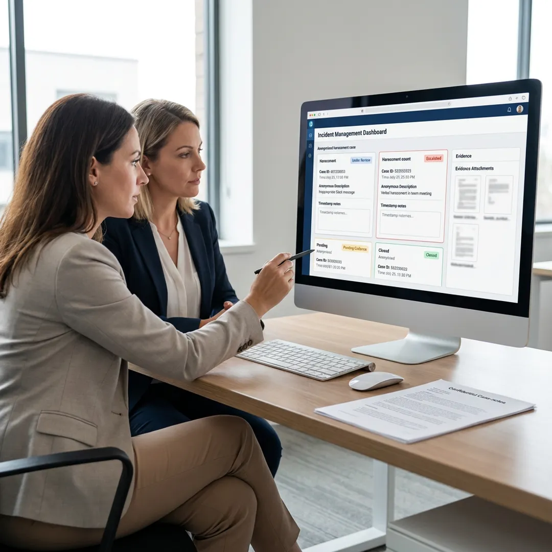HR team reviewing anonymous harassment reports
