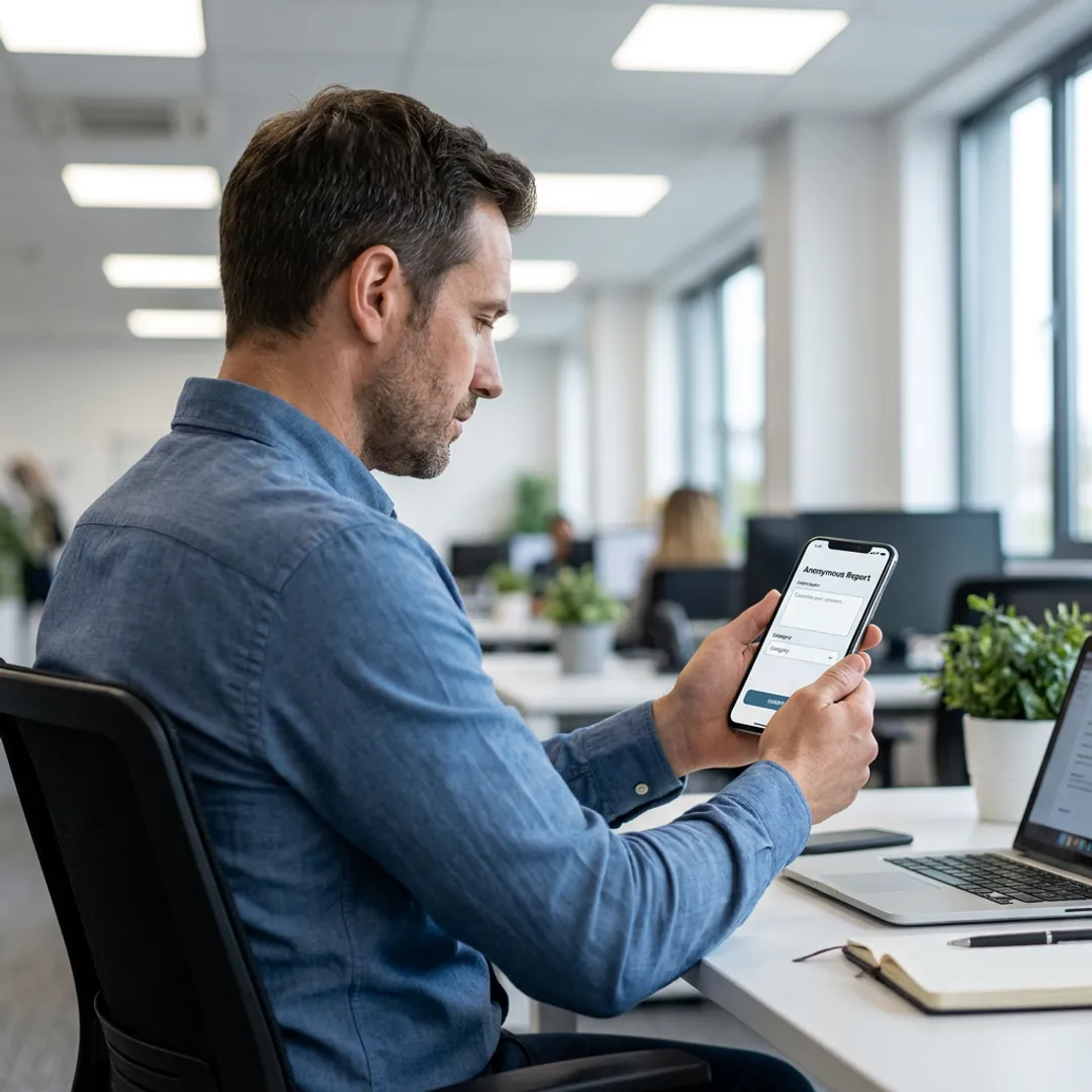 Employee submitting an anonymous workplace incident report on a mobile app