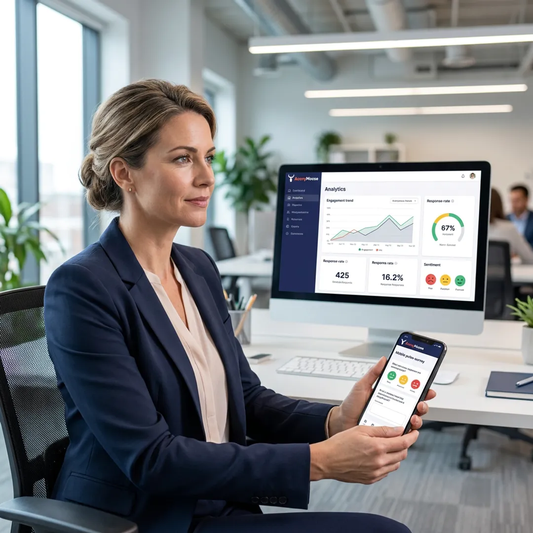 HR leader reviewing employee pulse software dashboard