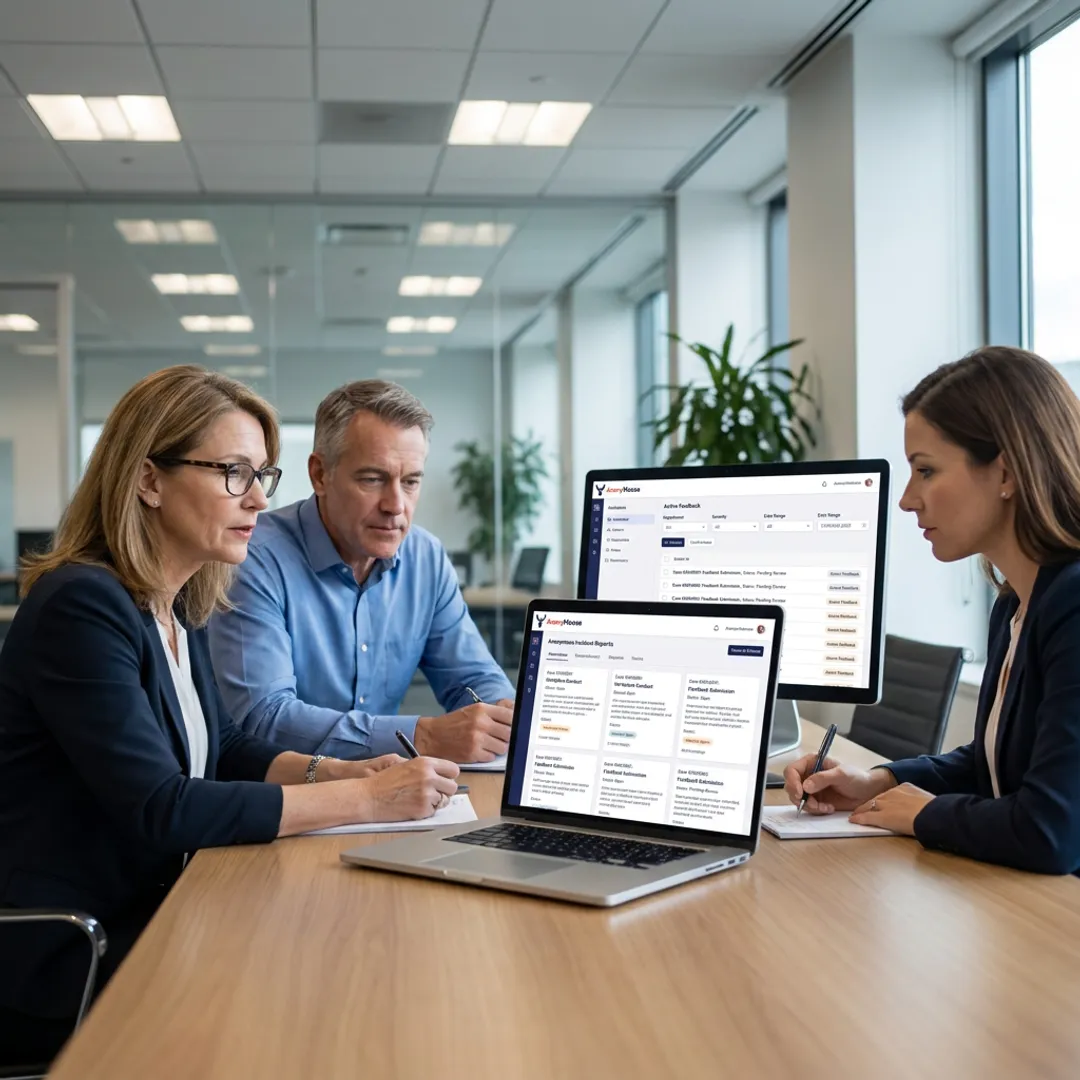 HR team reviewing anonymous workplace reports