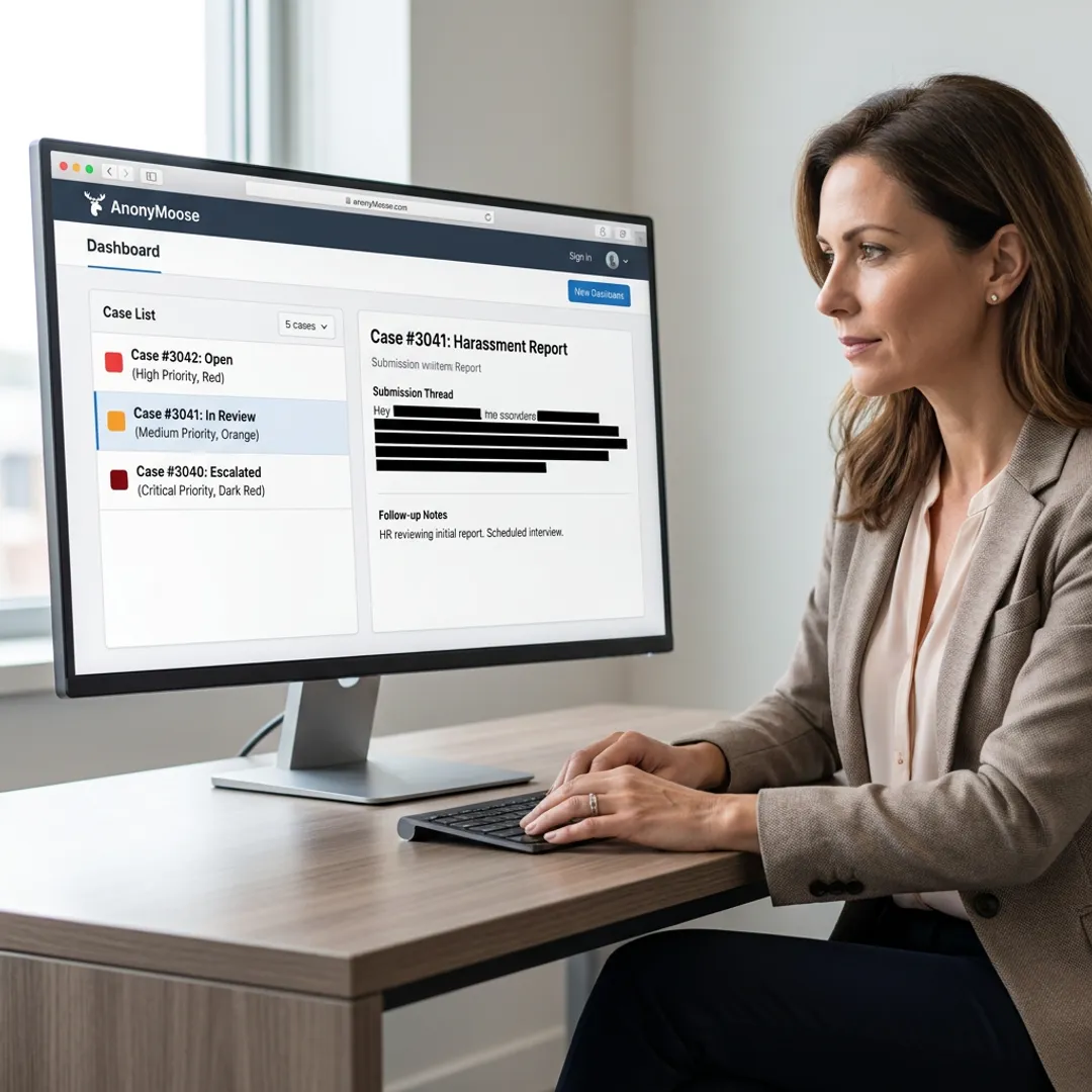 HR team managing anonymous employee abuse reports on a dashboard