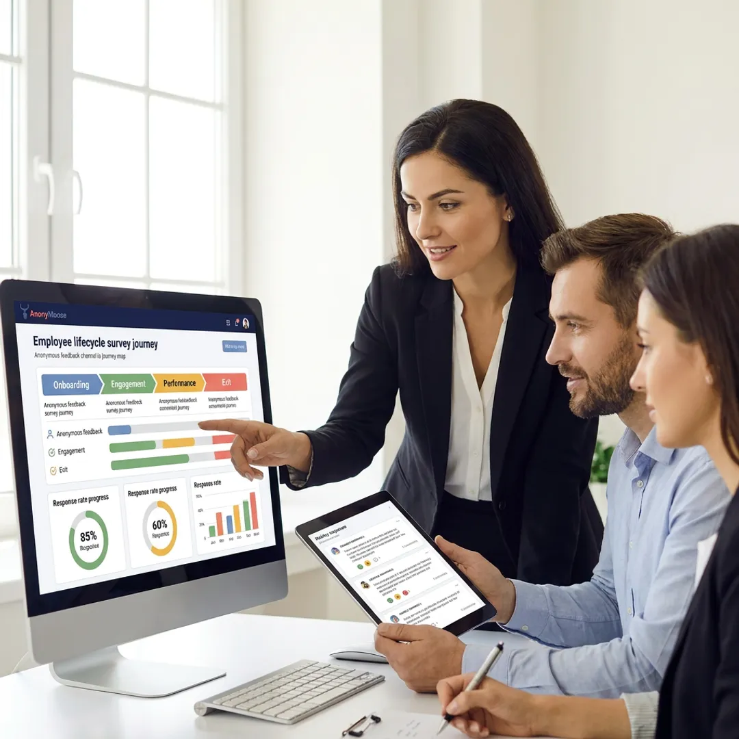HR team reviewing employee lifecycle survey workflow