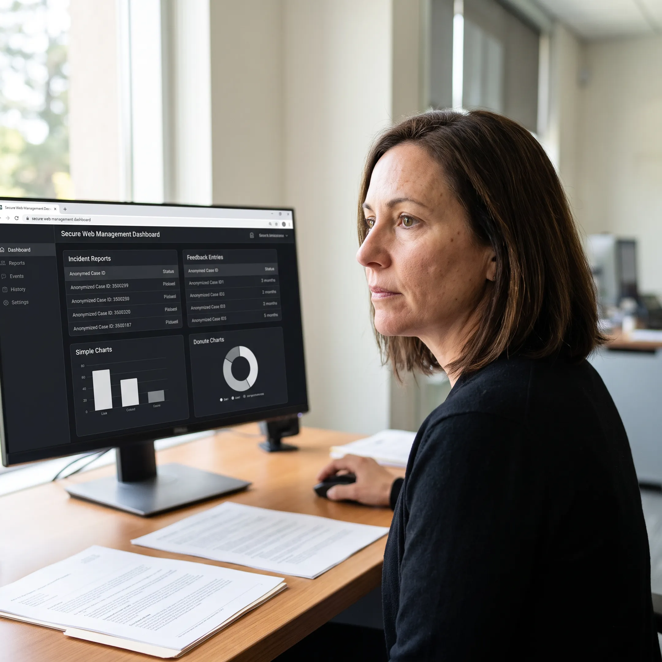 University administrator reviewing anonymous reports in a secure dashboard