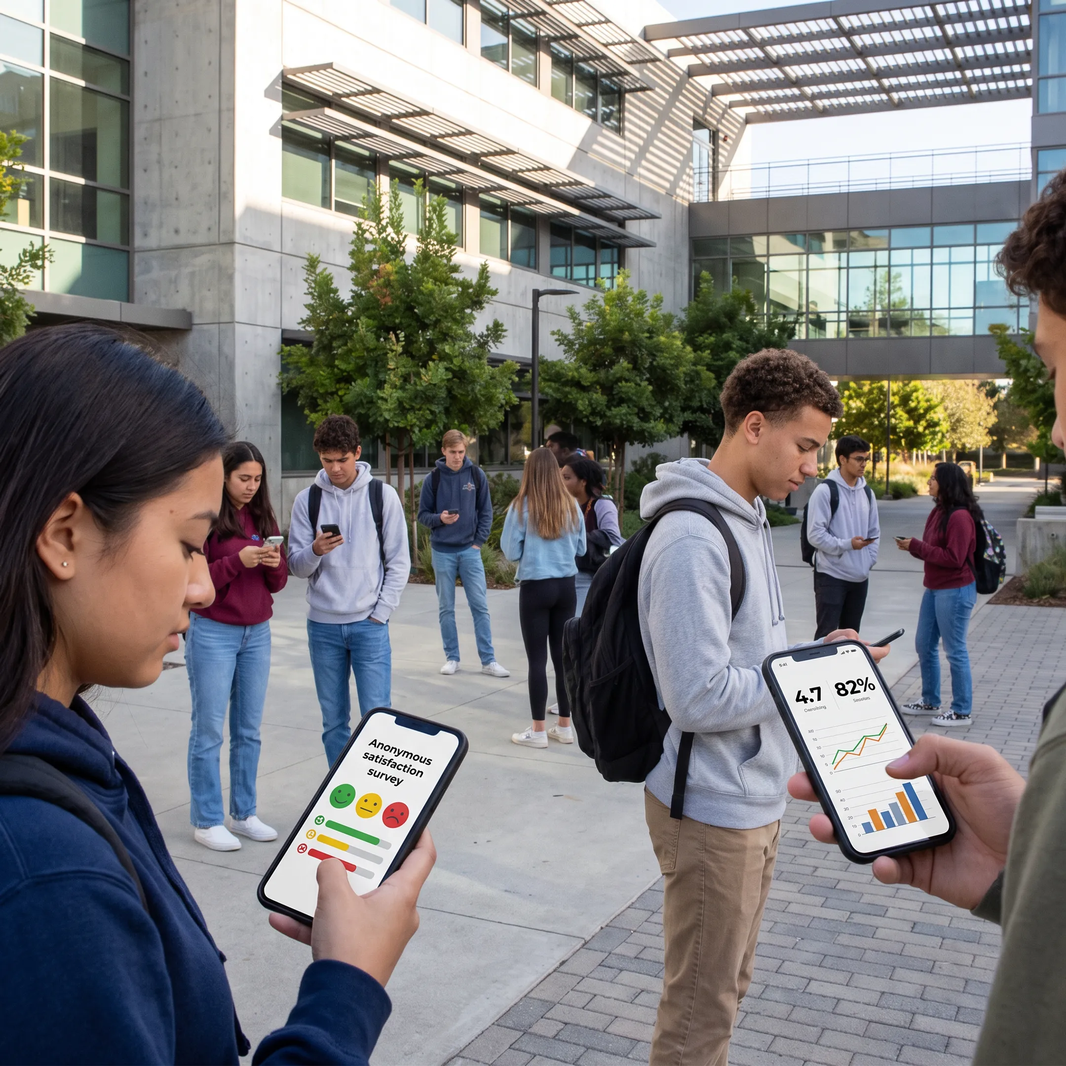 Students completing an anonymous satisfaction survey on mobile devices in a learning environment