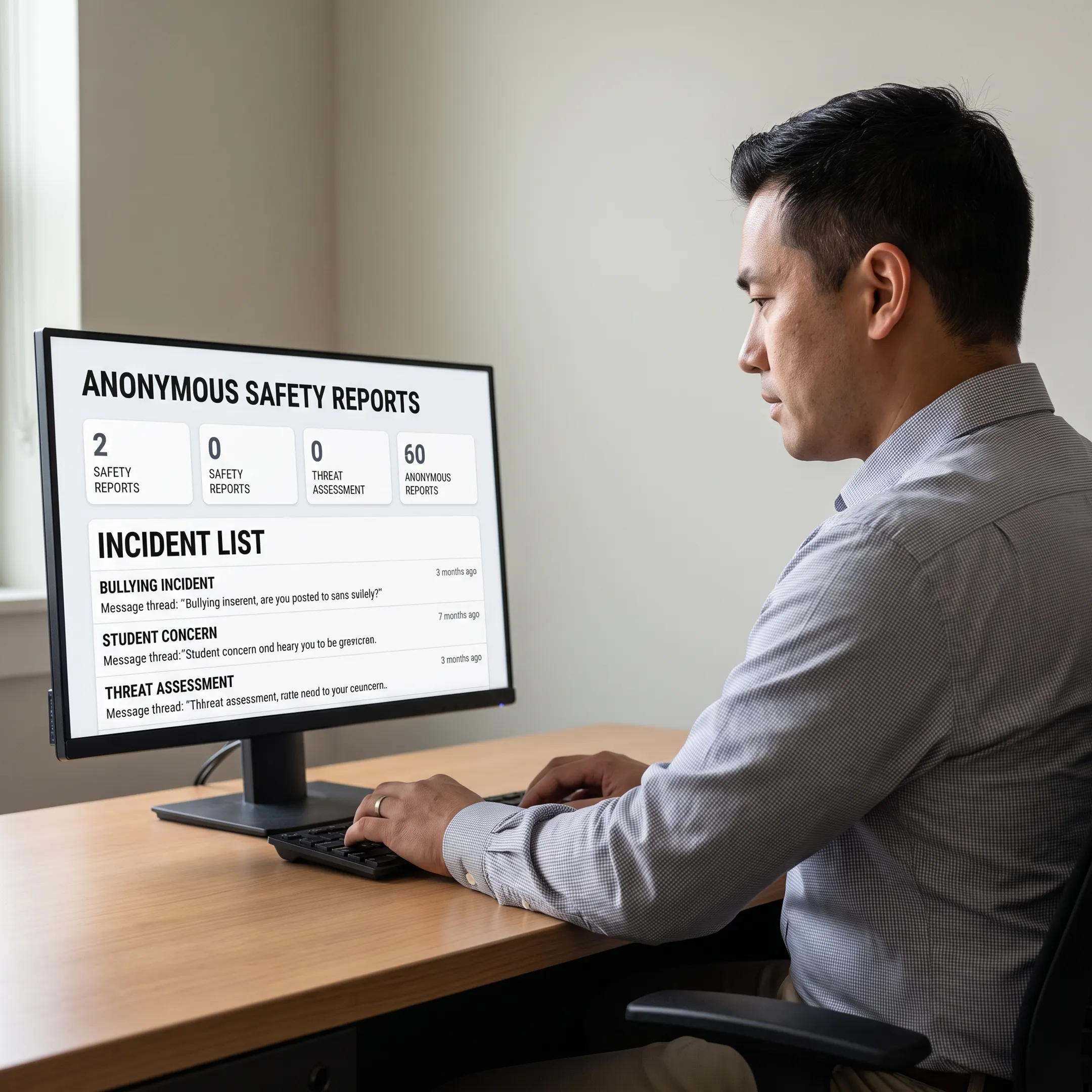 School administrator reviewing anonymous safety reports on a computer