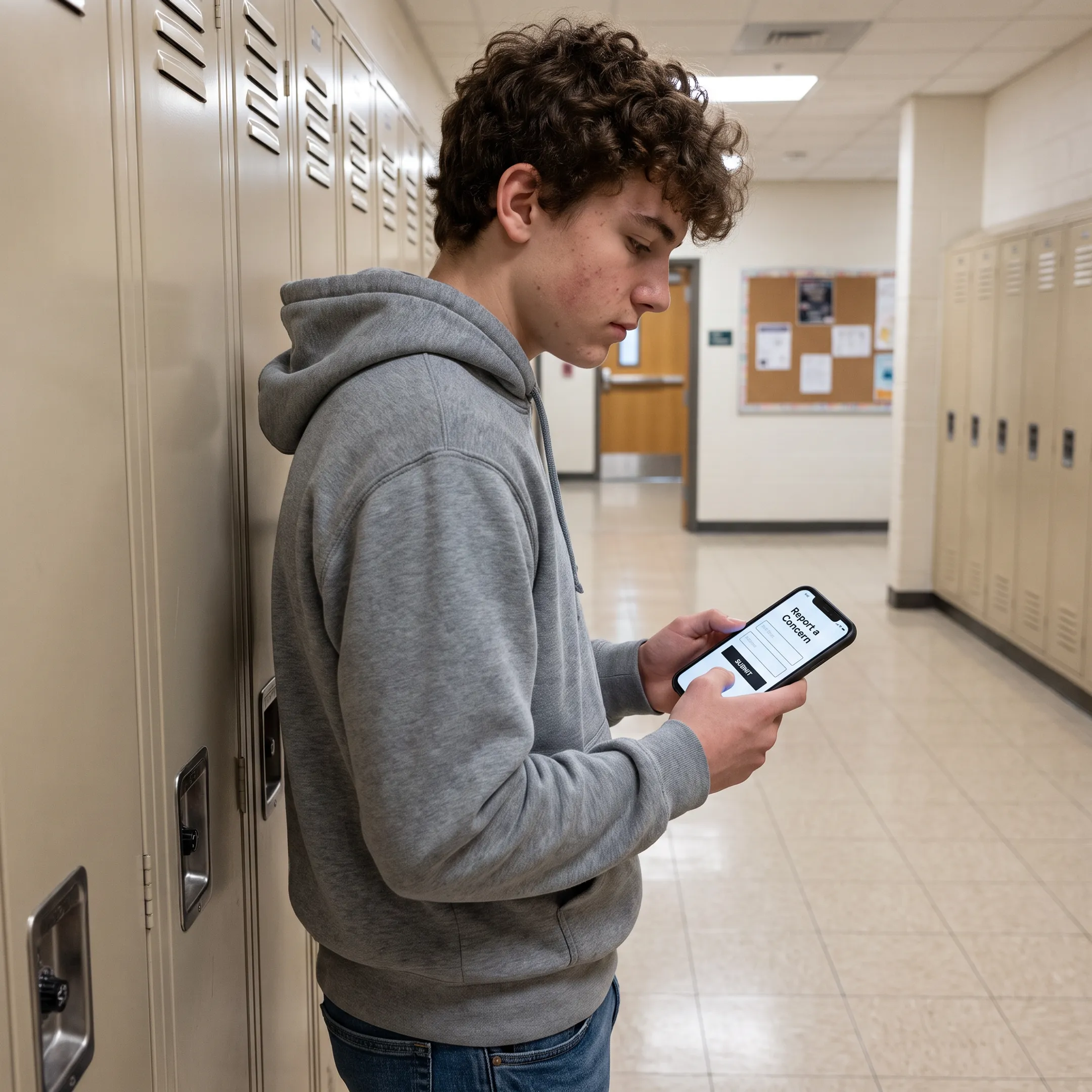 Student using a phone to submit an anonymous school safety report
