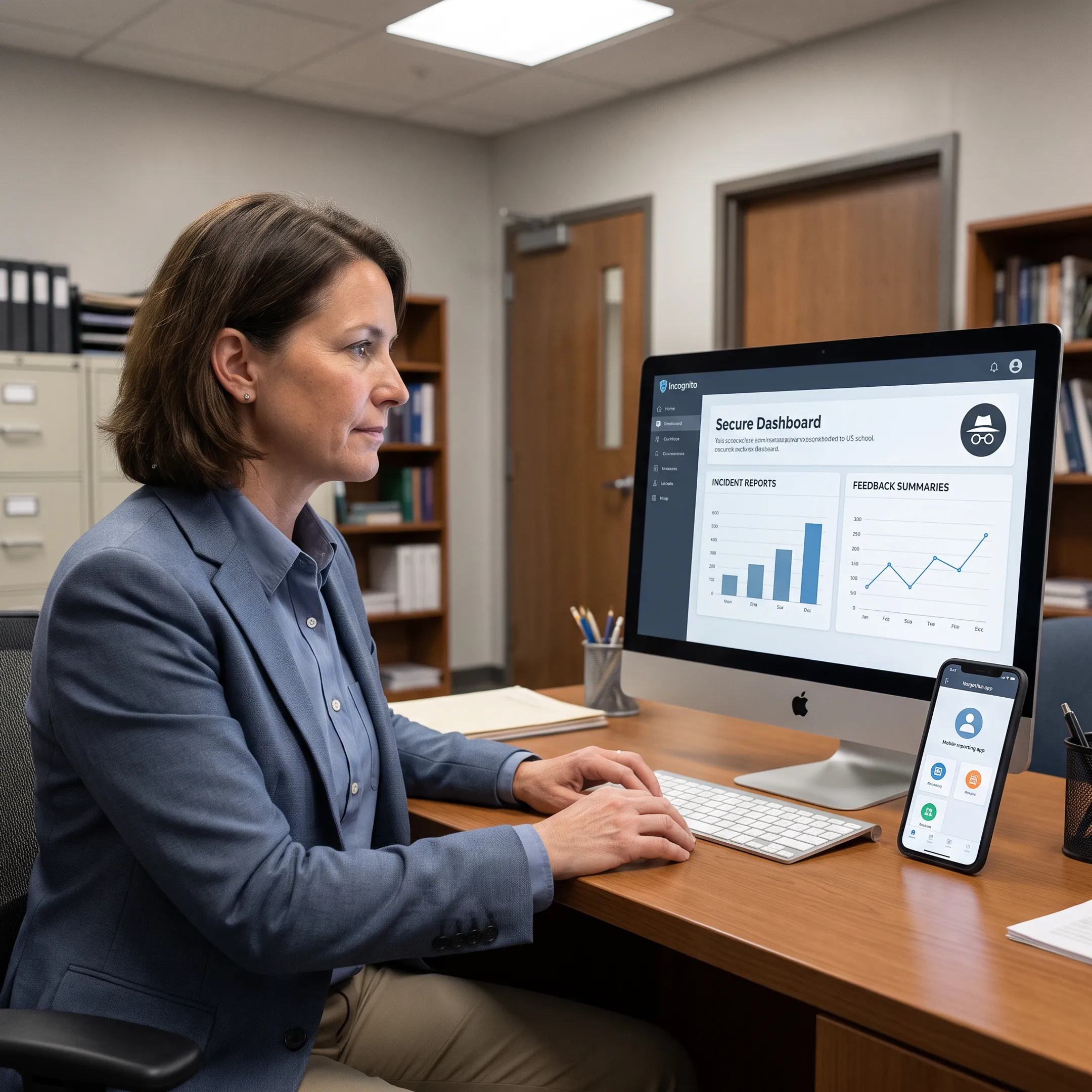 Administrator reviewing anonymous school reports on a web dashboard