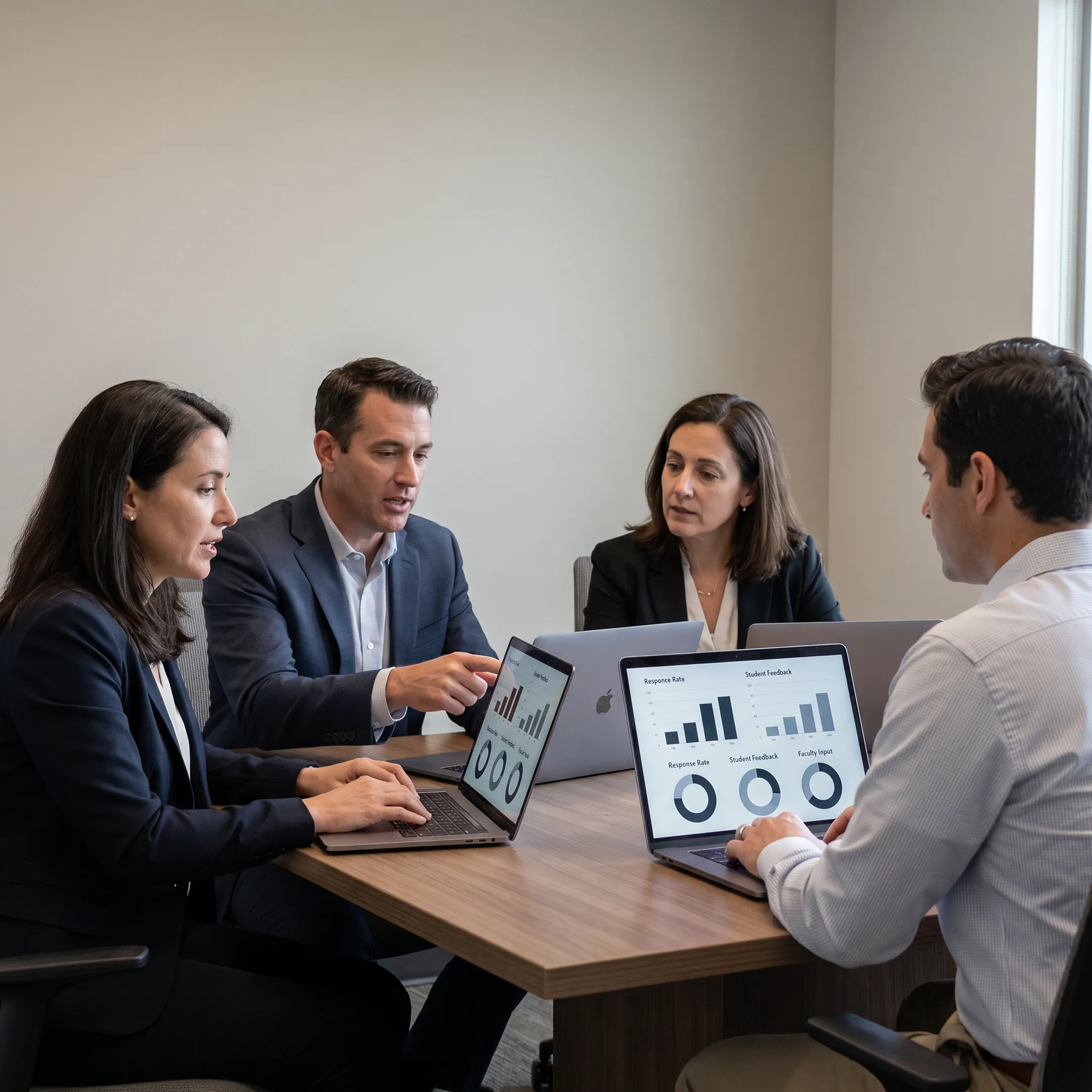 Educational institution leaders reviewing anonymous campus climate survey results