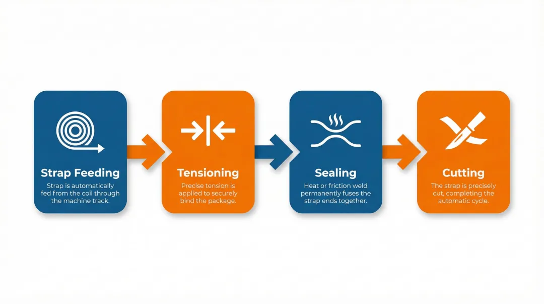 4-stage automatic strapping machine cycle feed tension seal cut process