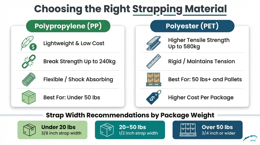 Polypropylene versus polyester strapping material comparison by package weight range