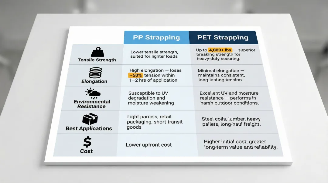 PP versus PET strapping five-attribute side-by-side comparison infographic