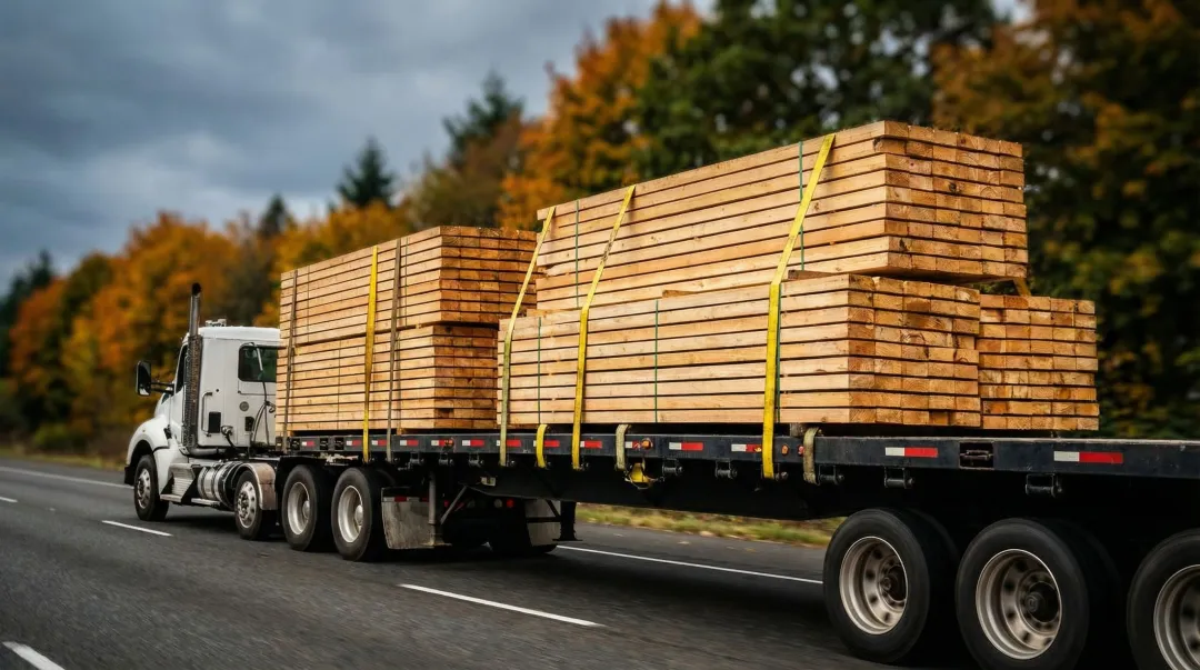 Heavy timber bundles secured with PET strapping on flatbed truck for long-haul freight