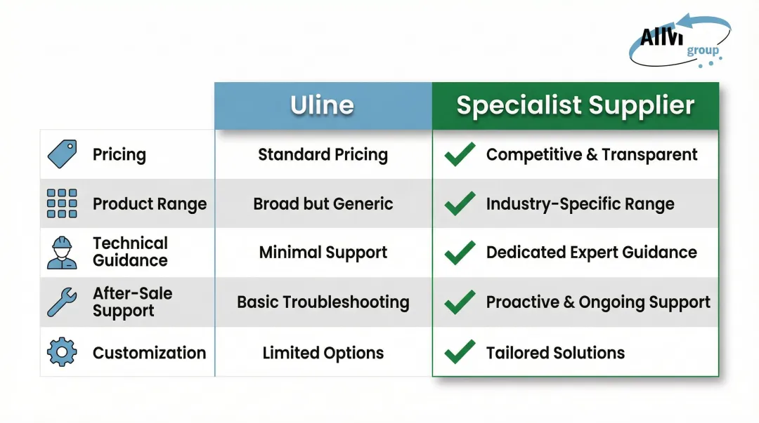 Uline versus specialist supplier strapping machine five-category comparison infographic
