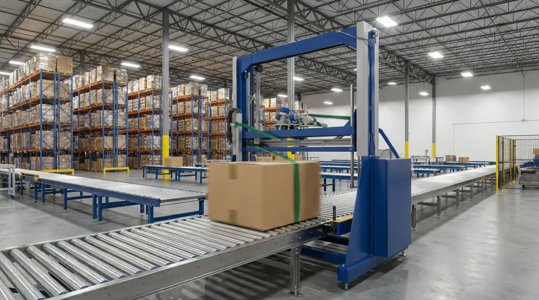 Automatic industrial strapping machine integrated into high-volume production conveyor line