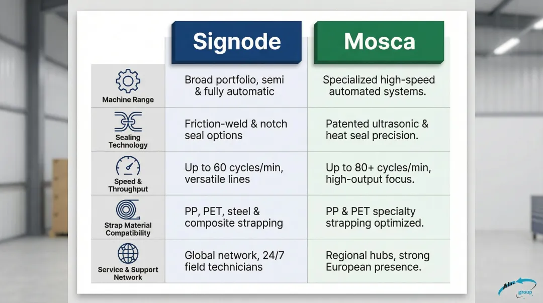 Signode versus Mosca strapping machine side-by-side feature comparison infographic
