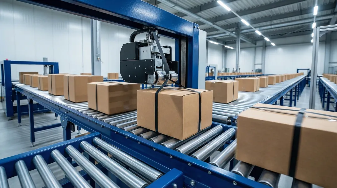 High-speed automated strapping machine processing packages on production line