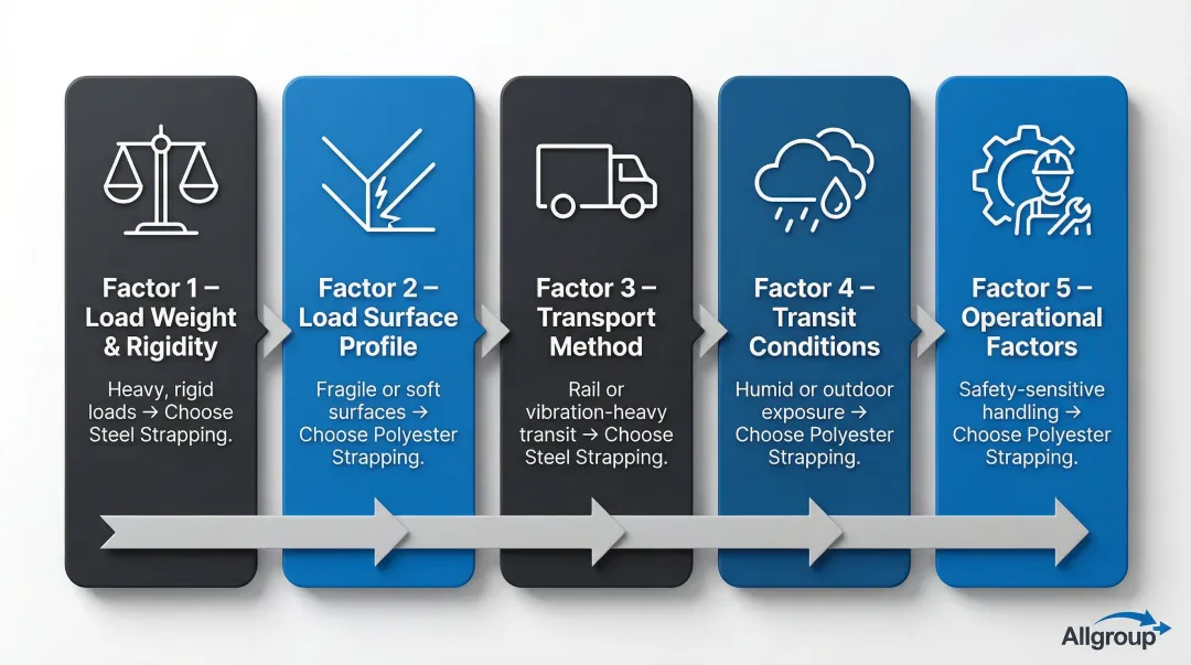 Five-factor decision framework for choosing steel versus polyester strapping
